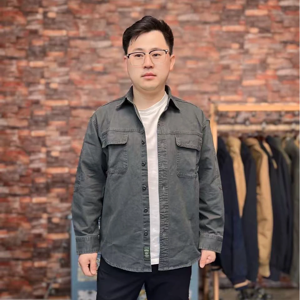 古熙重磅纯棉衬衫外套春秋季新款男士百搭翻领休闲纯色棉衬衫外套