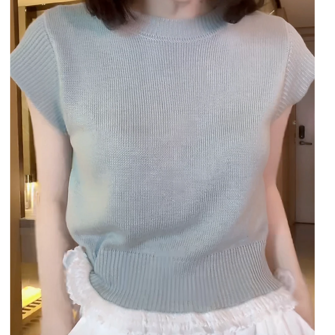 设计感下摆拼接蕾丝圆领毛针织衫女2025新款春夏气质灰色短袖上衣