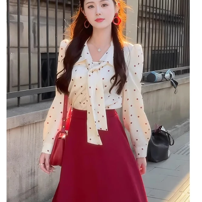 港风复古波点衬衫红色半身裙套装女装春季新款独特绝美搭配一整套