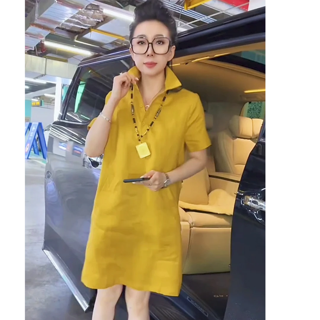 纯色衬衫连衣裙时尚洋气中长款减龄夏季新款短袖显瘦宽松plol领上