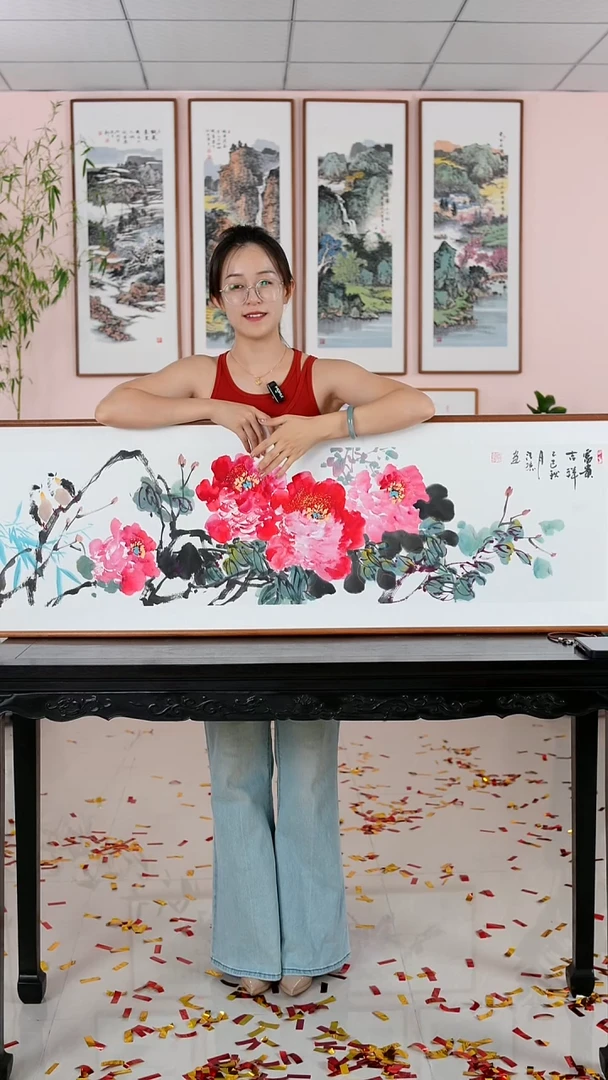 国画汪琼《富贵吉祥》带柚木框发货162*47厘米