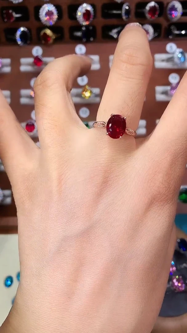 银S925镶嵌戒指红宝石810酒红玫瑰金