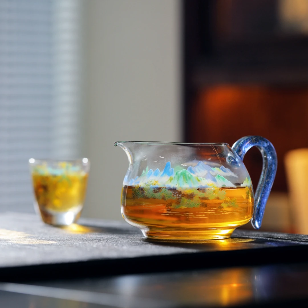 物肆禾器联名款青绿山水公道杯350ml 手绘玻璃山水公道杯耐高温