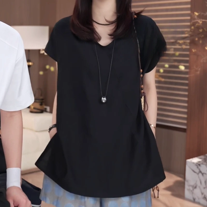 2025新款时尚夏季遮遮袖V领短袖百搭显瘦衬衫女LK2504468