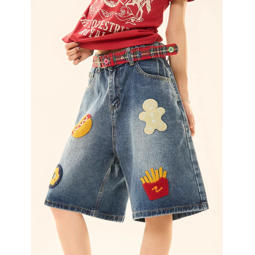 HandSeven美式汉堡薯条五分裤牛仔裤女2025夏季高腰宽松阔腿短裤