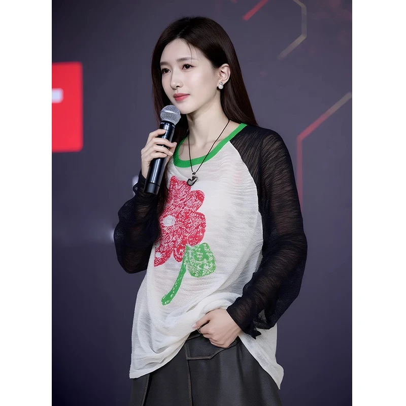 【T恤】江疏影明星同款撞色印花长袖新款春秋季宽松百搭上衣Z6044