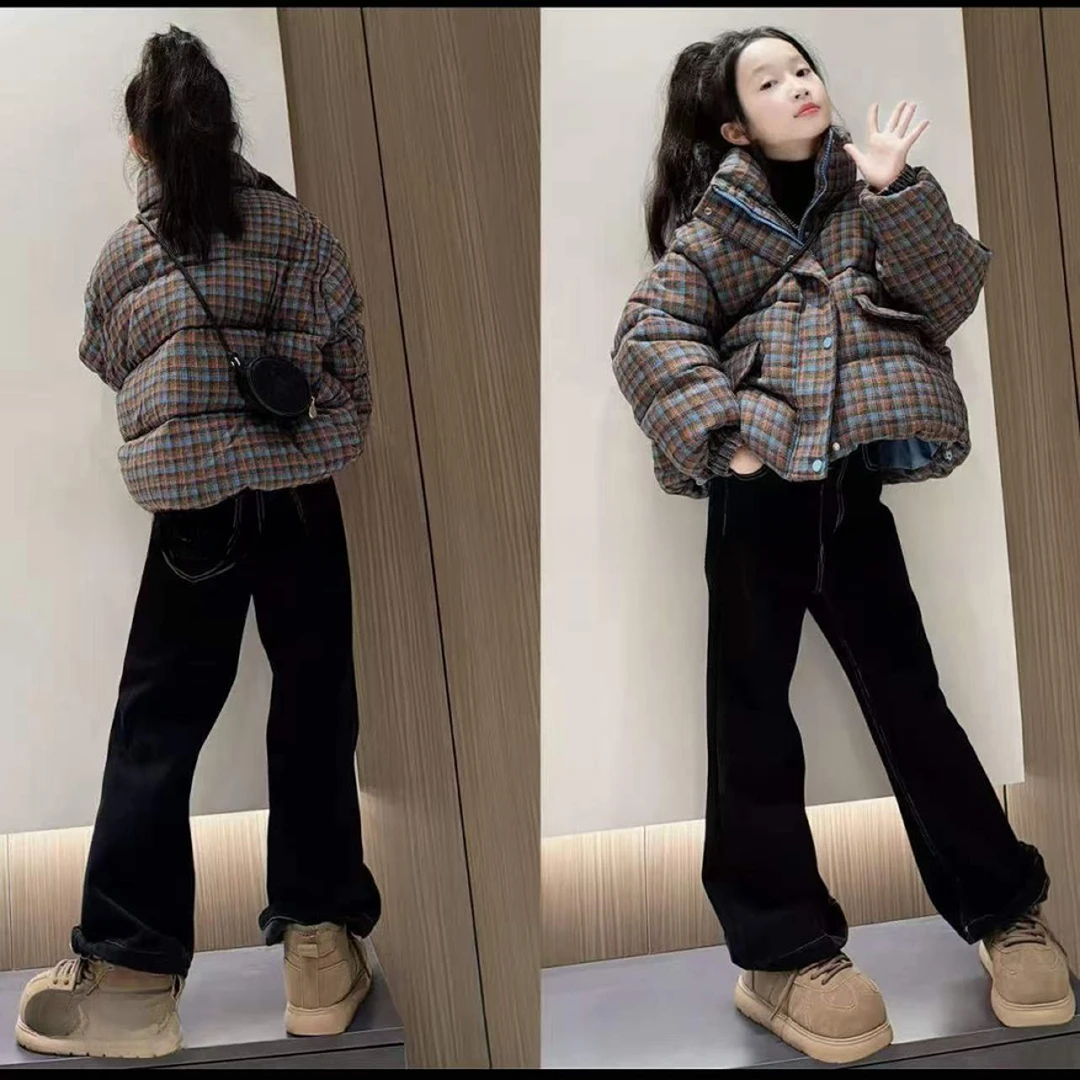 女童棉服2025新款冬季大童立领格子棉衣外套儿童冬装夹棉加厚棉袄