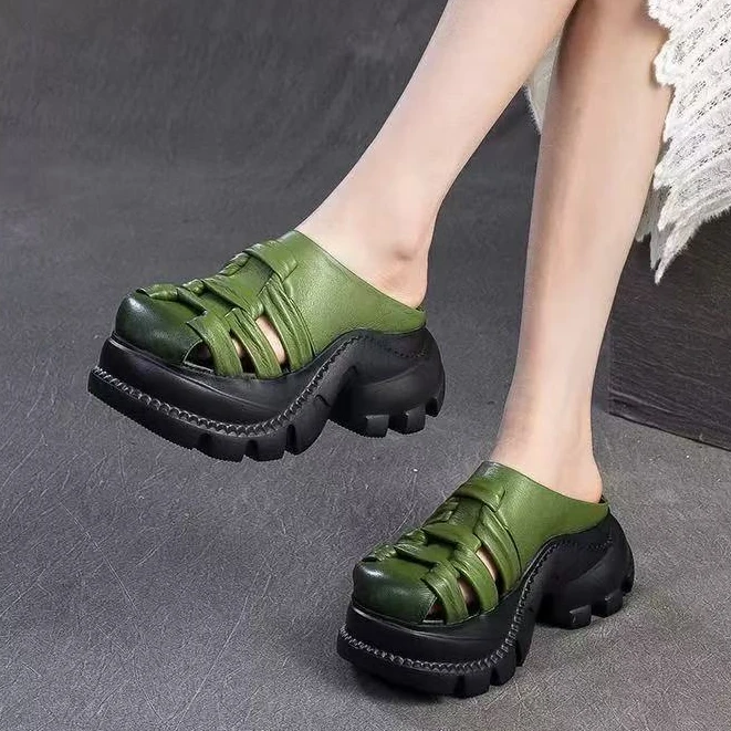 25568鑫凉拖鞋女夏季牛皮时尚高端松糕厚底增高包头镂空透气凉鞋