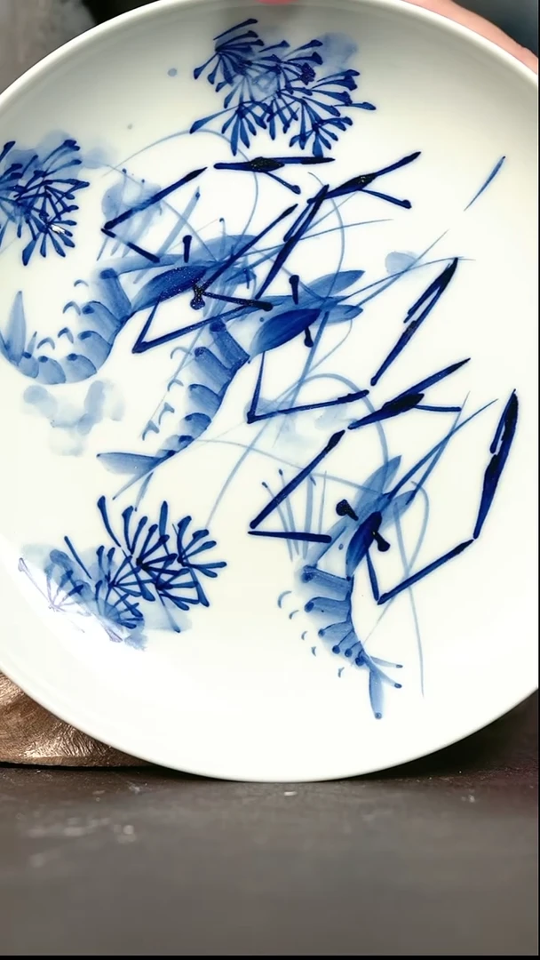 手绘 高温现代瓷  气窑   虾趣壶承17.5CM