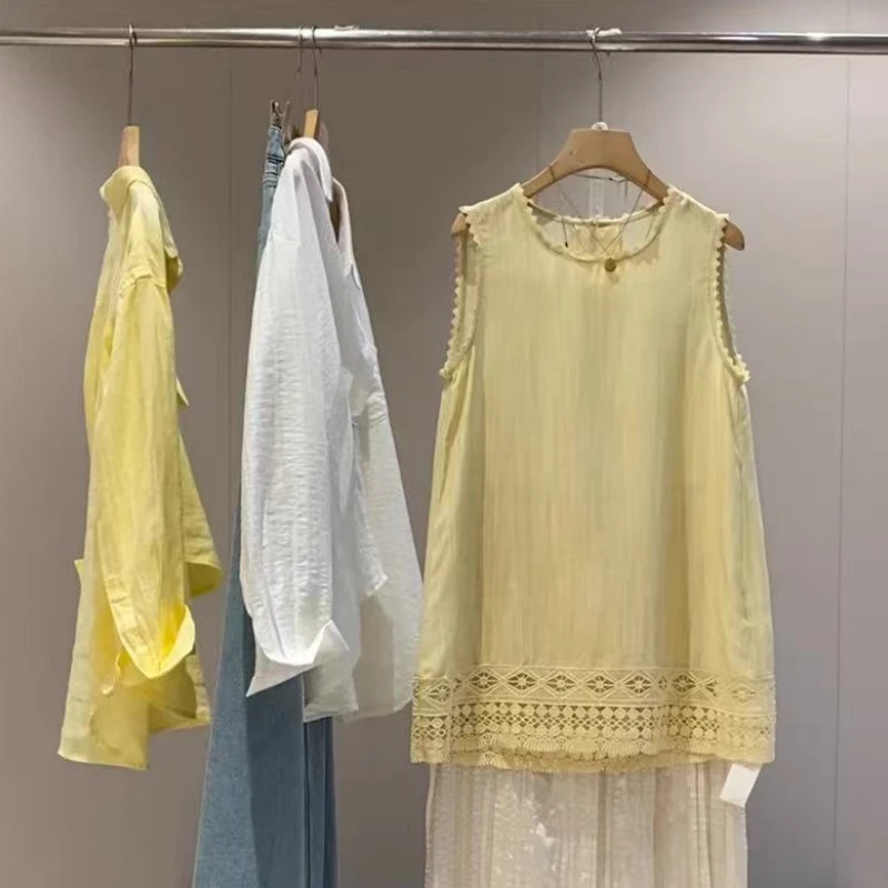 天丝亚麻连衣裙女夏季韩系小衫复古百搭镂空无袖小衫肌理感半身裙