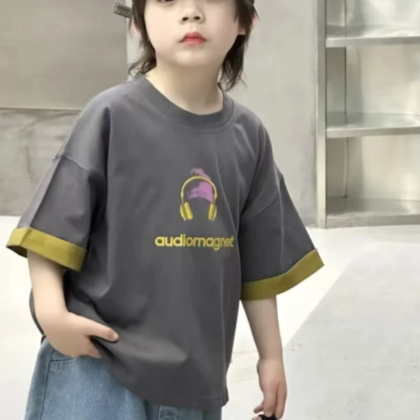 2025新款儿童纯棉上衣夏季痞帅酷耳机字母双色短袖t恤