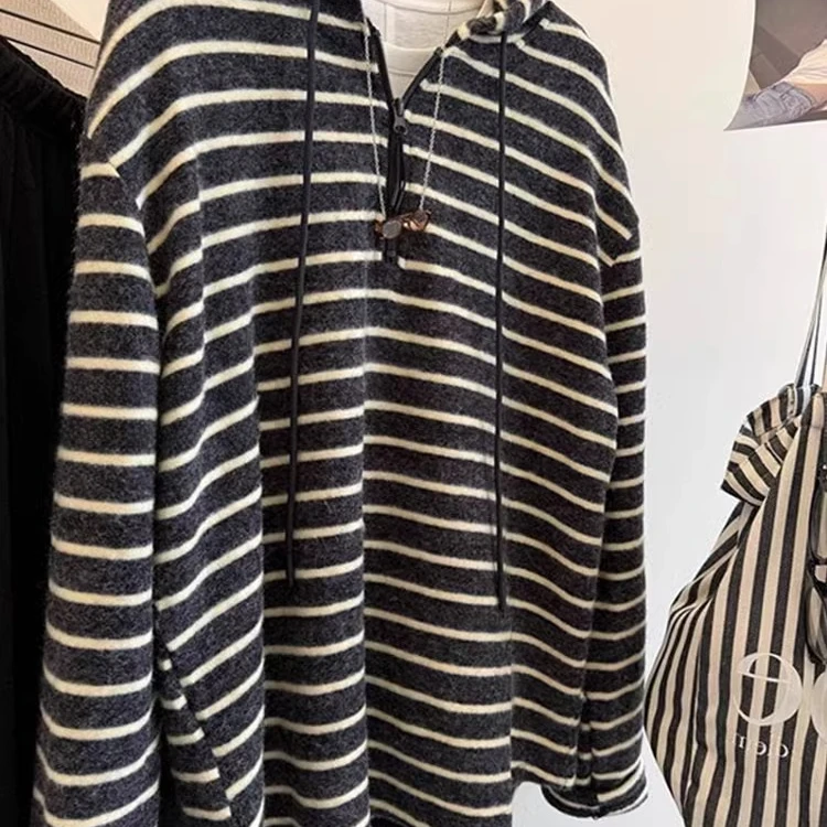韩系ins软糯米条纹连帽卫衣女秋冬季新款宽松磨毛休闲半拉链上衣