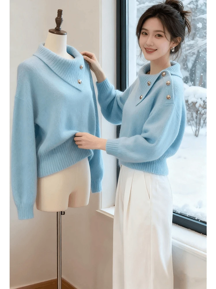今年流行漂亮复古软糯慵懒风上衣绝美蓝色不规则领针织衫毛衣女秋