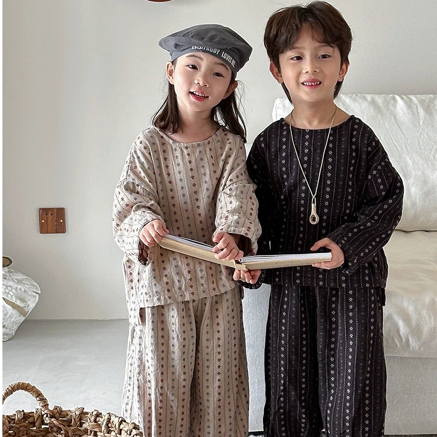 2025儿童春季新款碎花长袖圆领T恤男女宝灯笼裤两件套装