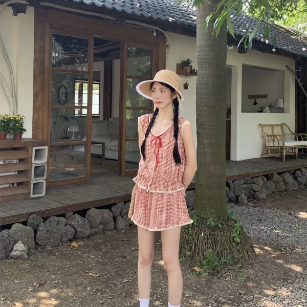 Itsokies草莓庄园蕾丝花边格纹无袖上衣短裤套装 下装