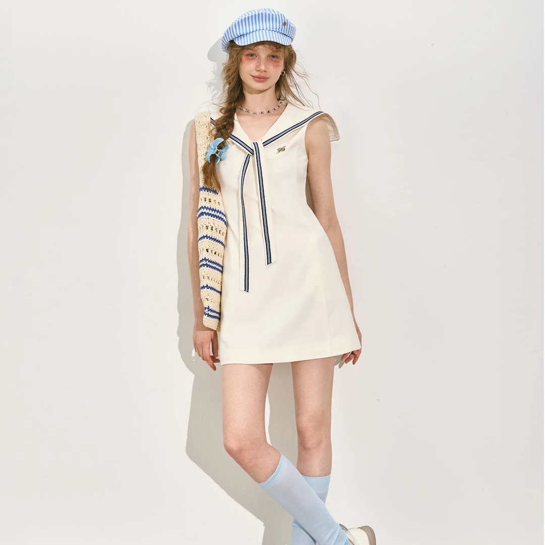 SOMESOWE海军领撞色无袖连衣裙学院风设计感撞色水手领收腰中长裙