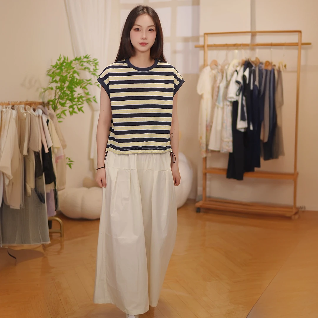 女童宽松百搭时尚针织休闲上衣时尚套装条纹背心短袖