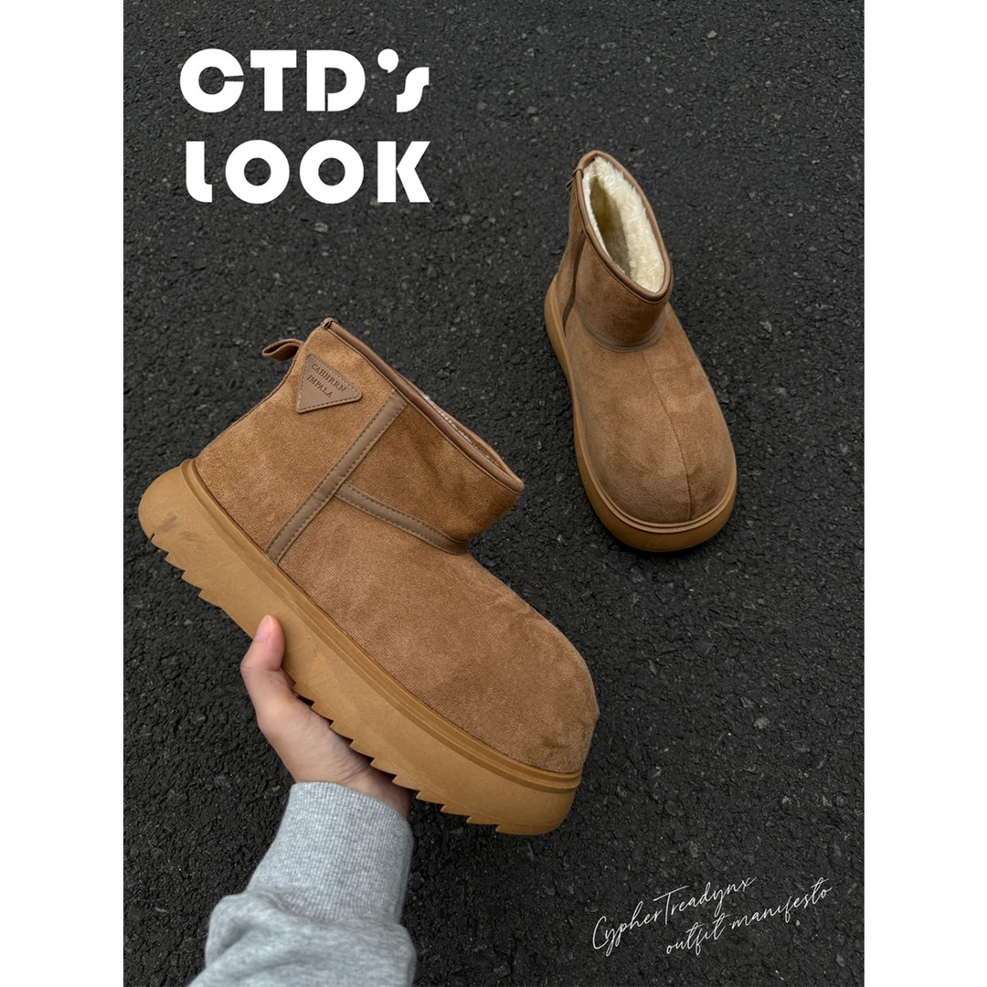 CTD冬季卡皮巴拉圆头厚底防滑雪地靴男加绒棉鞋百搭休闲增高短靴