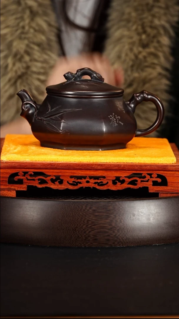 茶壶紫砂龙山古乌泥柴烧竹节八方360cc