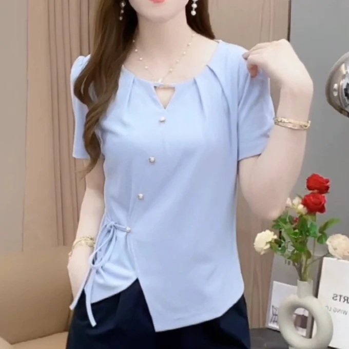 歌玲兰法式2025夏季新款收腰不规则短袖时尚褶皱T恤显瘦减龄设计