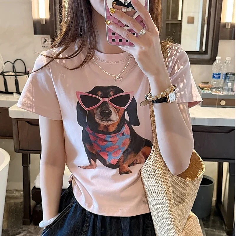 【你好酷狗】2025秋夏季设计款可爱甜美风卡通短袖T恤女印花潮流洋