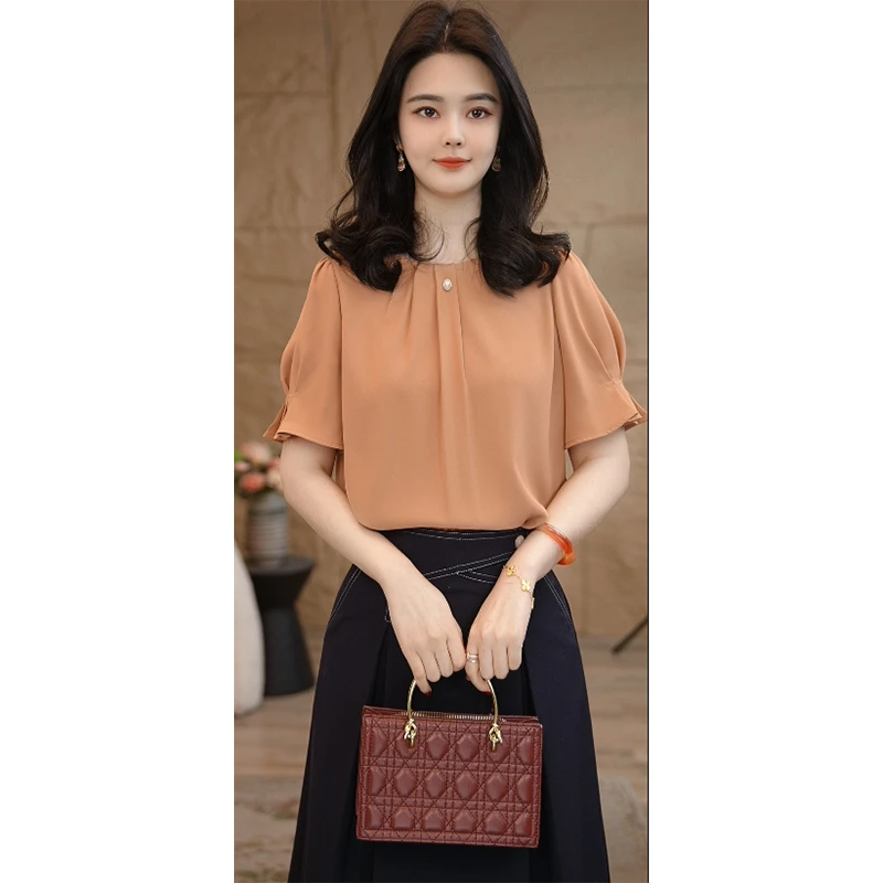 【小陈甄选】欧若风8592397A奶橘色气质休闲时尚薄款衬衫设计感百搭