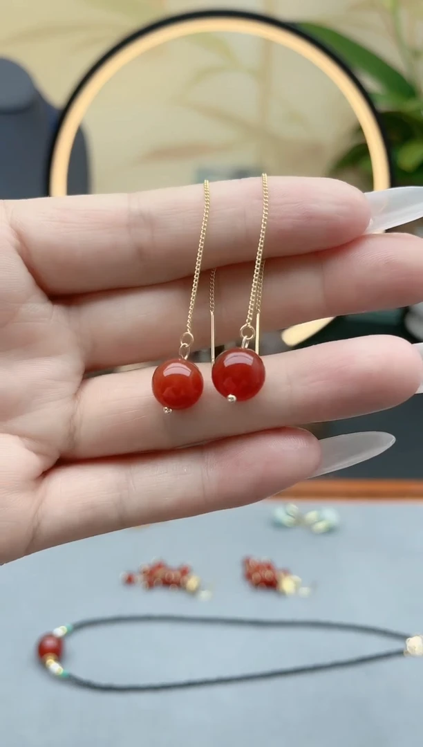 玛瑙/玉髓耳饰银S925镶嵌00耳线红