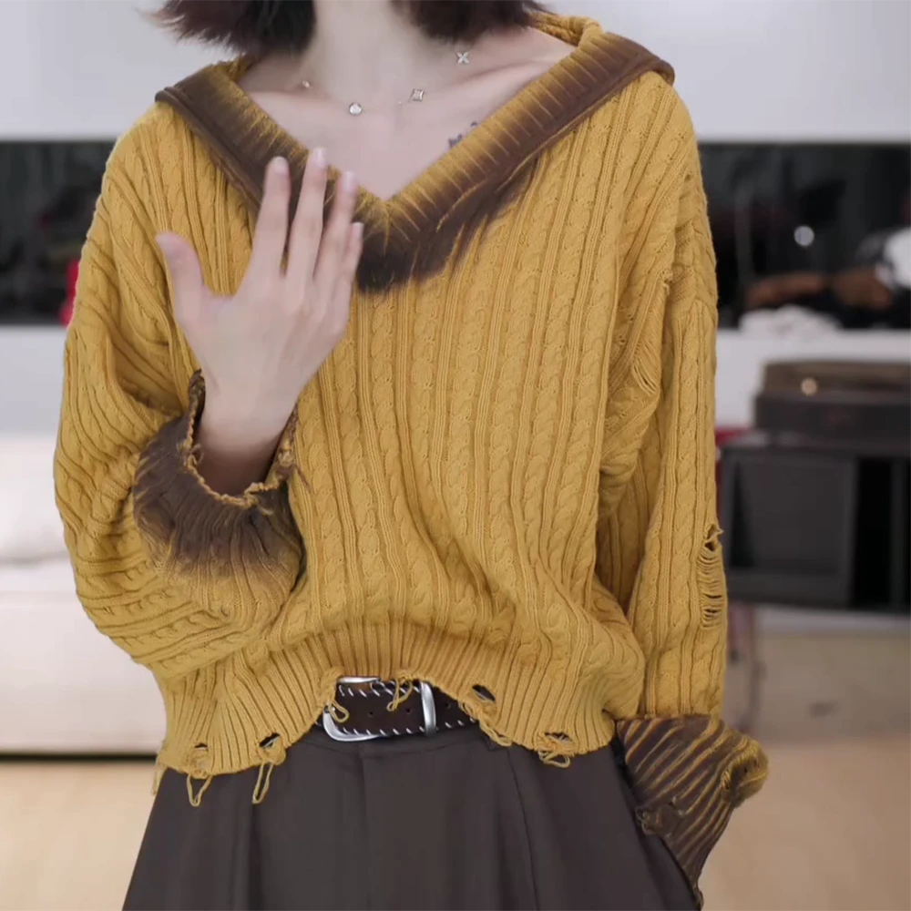 秋季新款破烂撞色V领毛衣秋季打底连帽上衣C6270