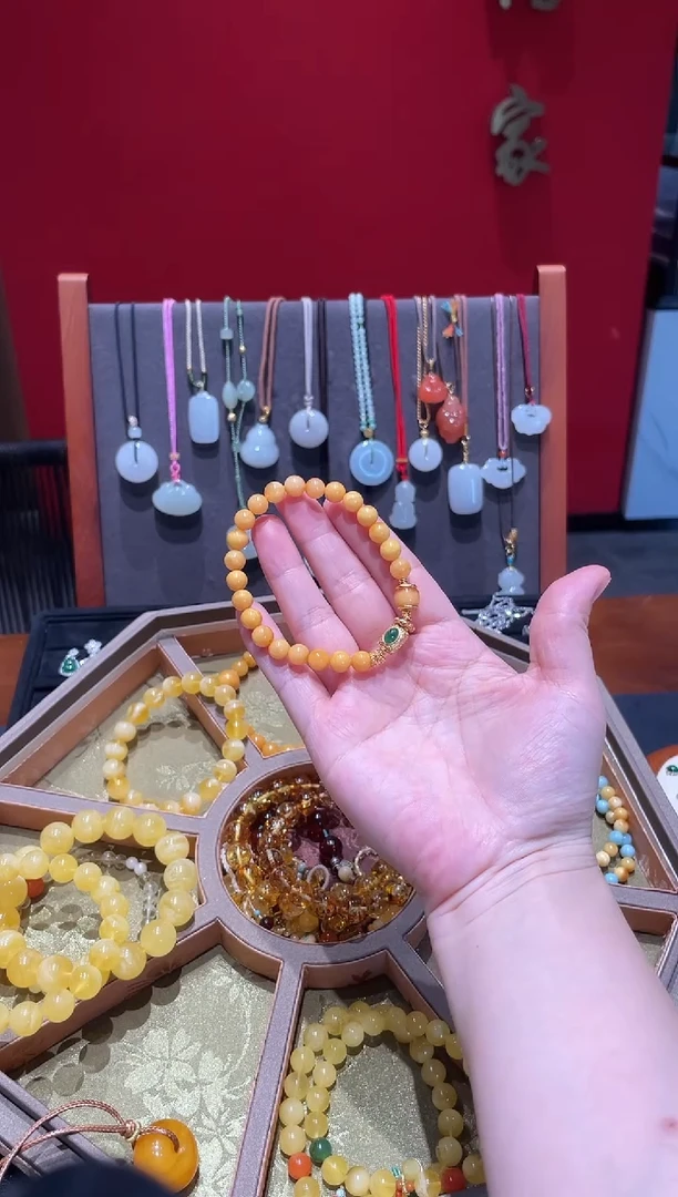 琥珀颈饰银S925镀金镶嵌蜜蜡手串