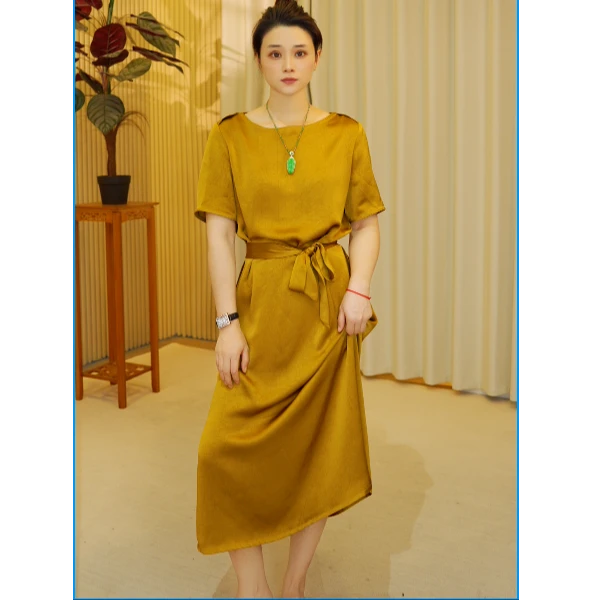 夏季连衣裙高端精致三醋酸奢华气质收腰开叉连衣裙女