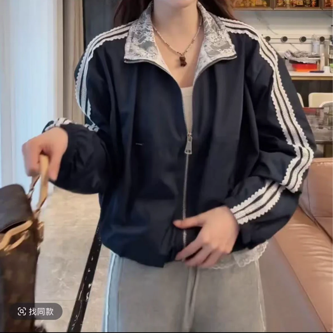 蕾丝内衬韩版2025春季新款抽绳立领极简风夹克设计感时尚百搭简约