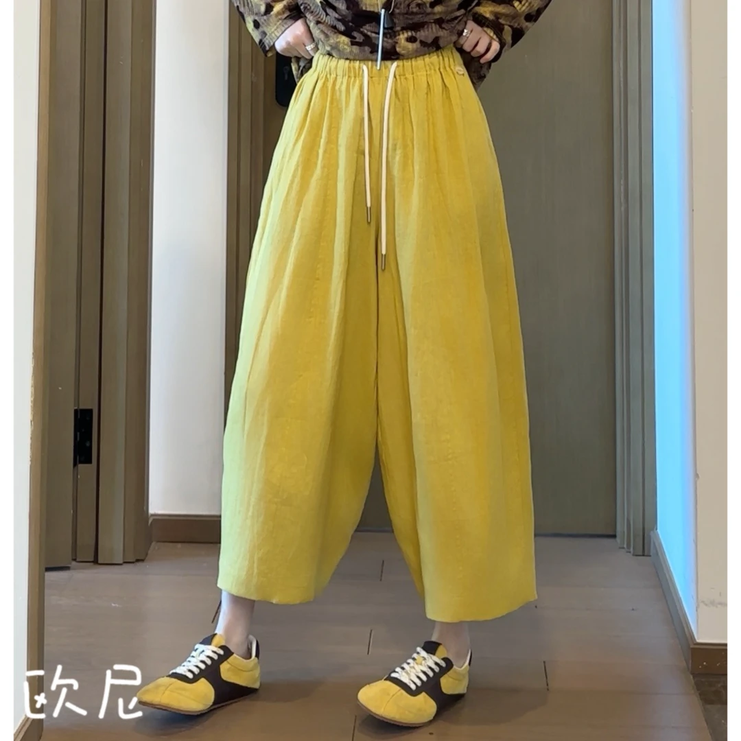 欧尼私服 2025夏小众别致抽绳宽松阔腿垂感麻料休闲裤2504C1968