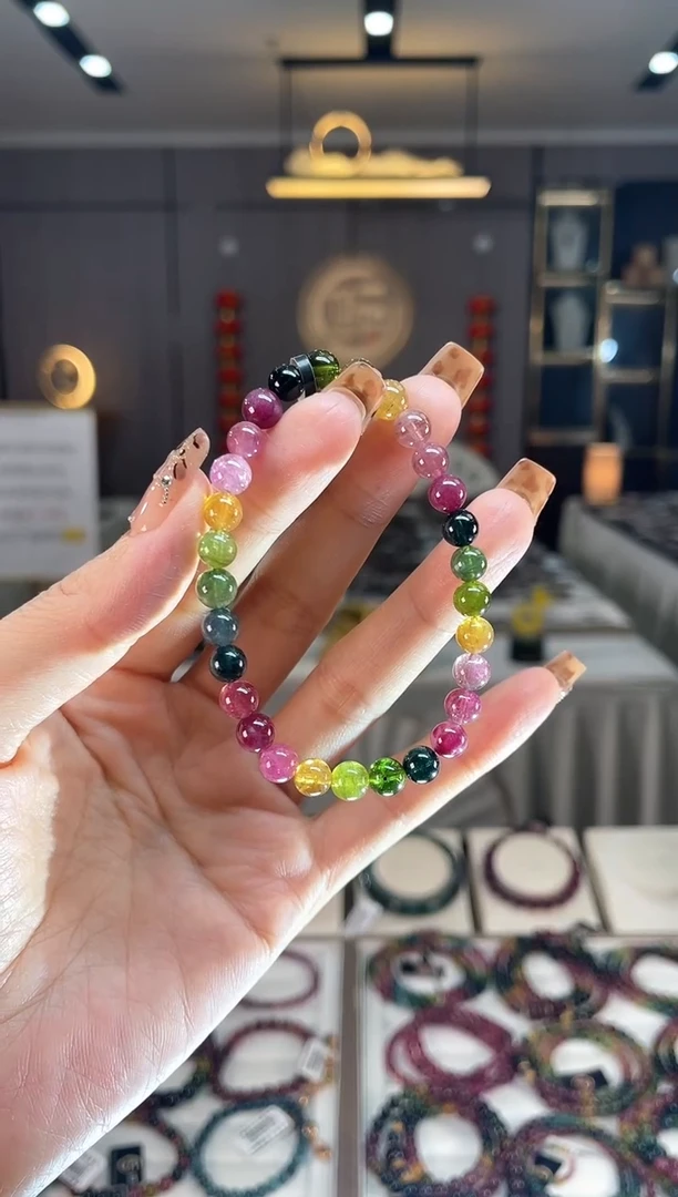 未镶嵌老矿碧玺色标彩虹单圈手串6mm+碧玺dan多样性发货一条