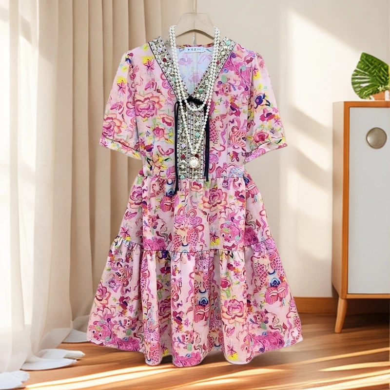 高级感新中式时尚气质连衣裙女2025夏季新款国潮风重工V领连衣裙