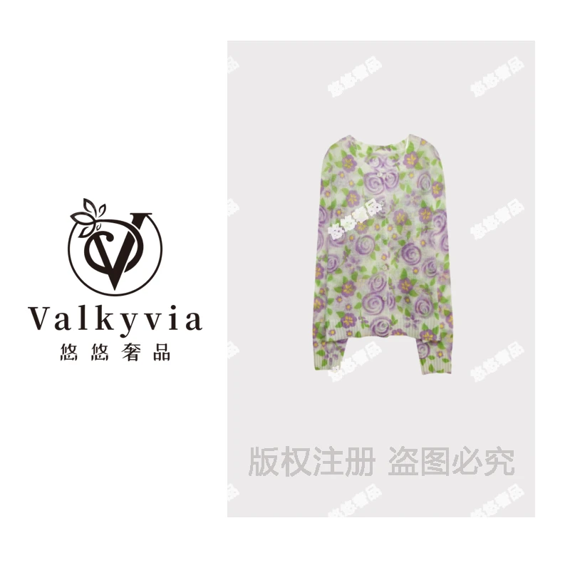 【Valkyvia/悠悠奢品】羊毛马海毛清新碎花温柔圆领针织开衫msl537