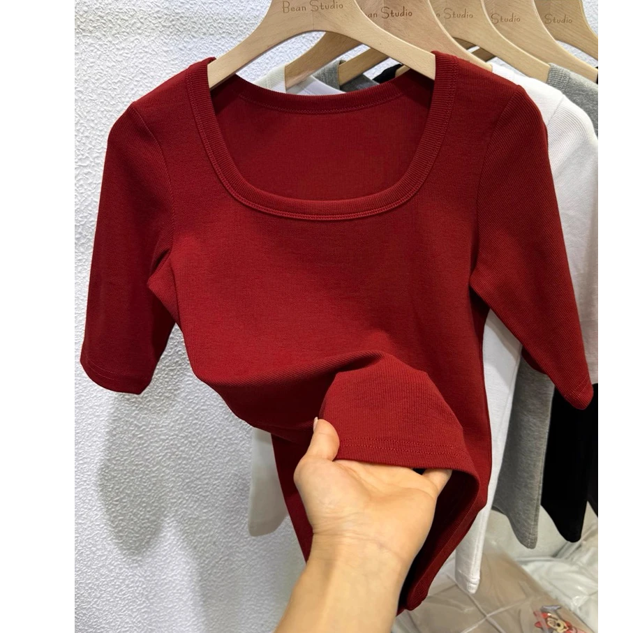 2026春秋胖M方领中袖T恤女修身显瘦打底衫内搭洋气百搭五分袖上衣