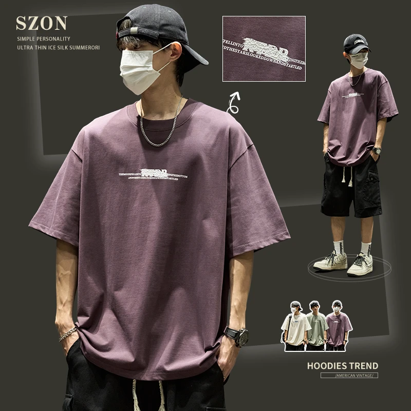 男T恤短袖新款2025爆款夏季美式重磅圆领印花宽松纯棉半袖上衣ins