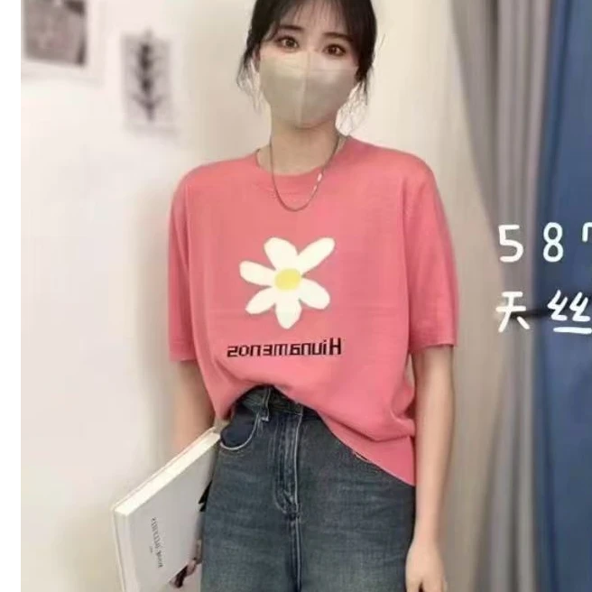 小雏菊/字母提花韩版时尚百搭圆领纯色套头女士针织短袖041213