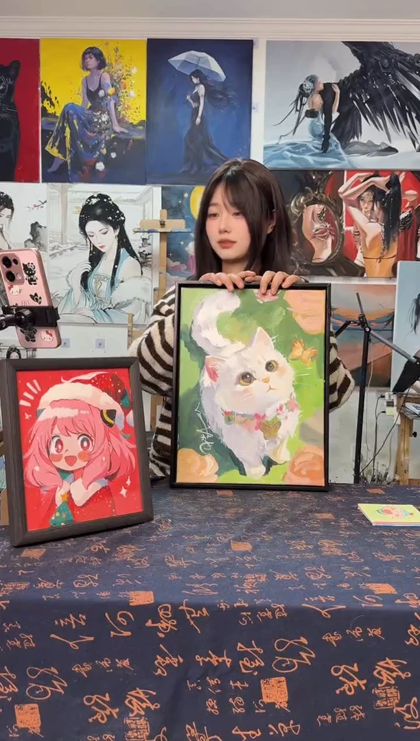 丙烯画白***子大白猫丙烯画h