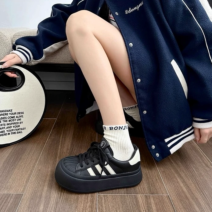 大头板鞋美式复古德训鞋小众女款2025秋新款厚底增高黑色休闲运动