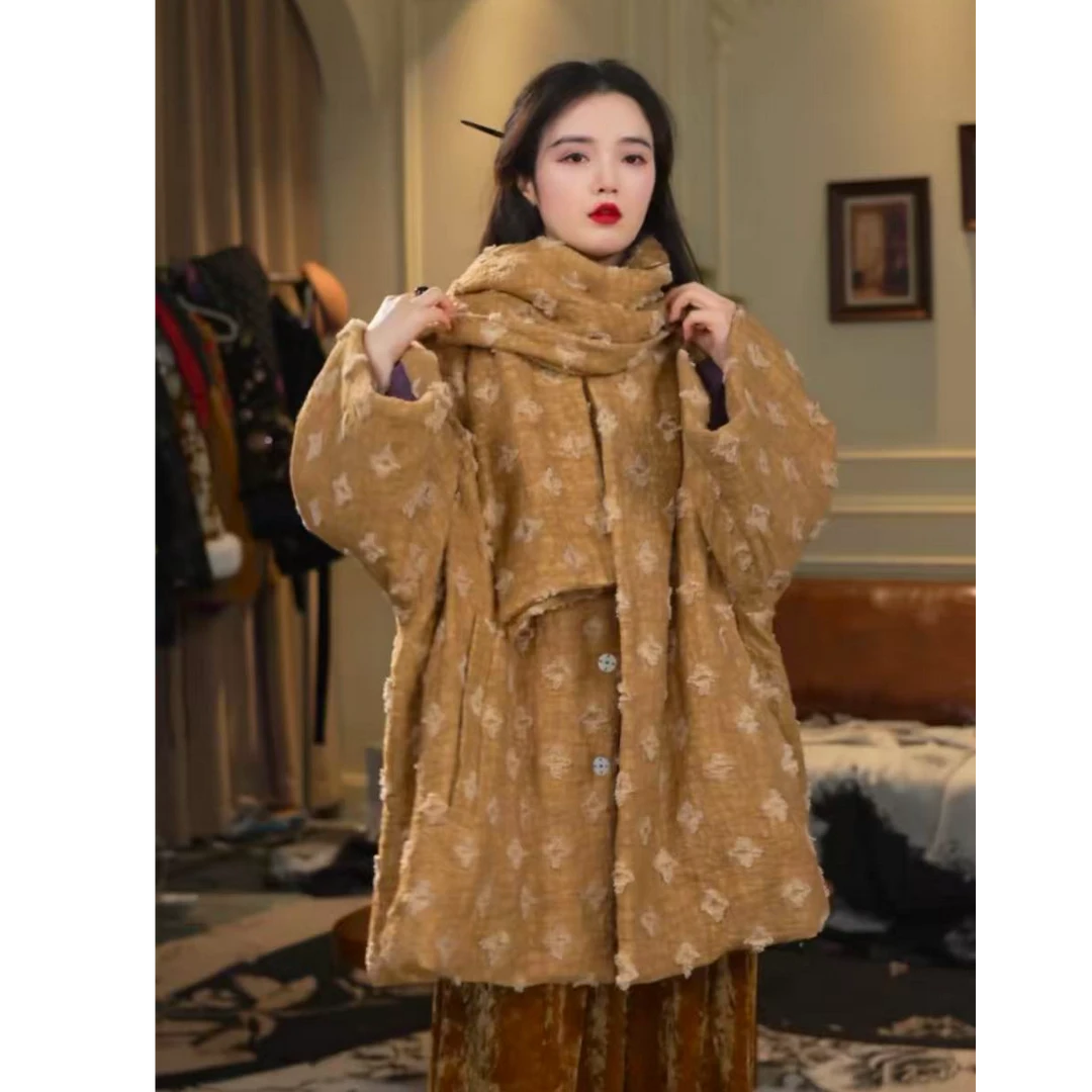 月畔湾【洛迭殇】新中式冬季重工加厚棉外套自带围巾棉服两件套