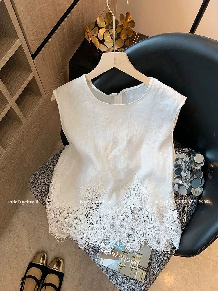 2025夏季新款法式蕾丝拼接白色气质无袖背心女慵懒风气质时髦上衣