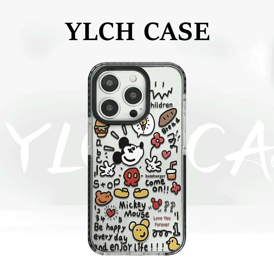 适用苹果手机壳黑边硬边软背米奇英文16卡通15/13全包12/11/7可爱