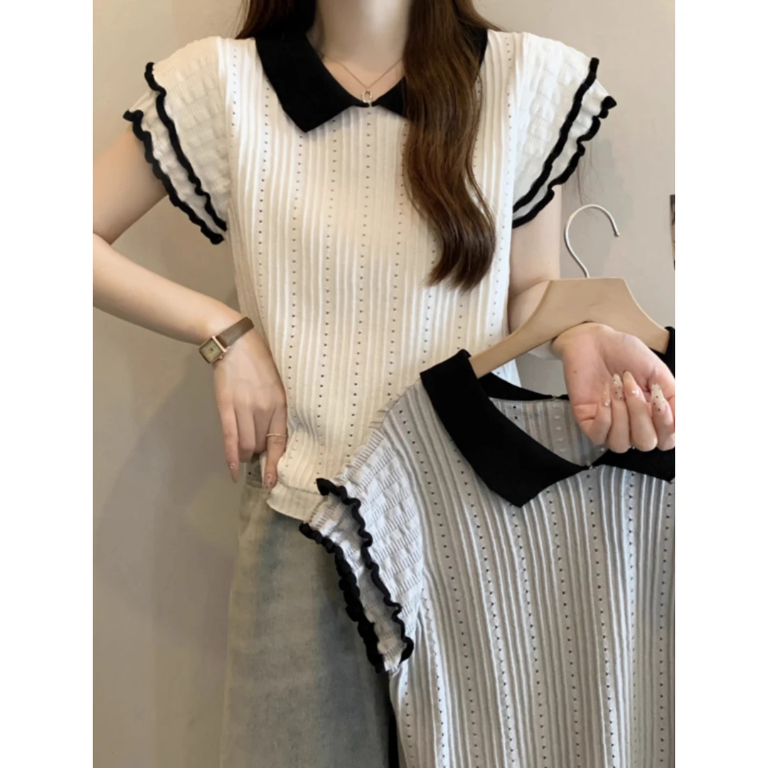 夏季新款镂空飞飞袖翻领冰丝短袖T恤针织衫女时尚气质甜美上衣