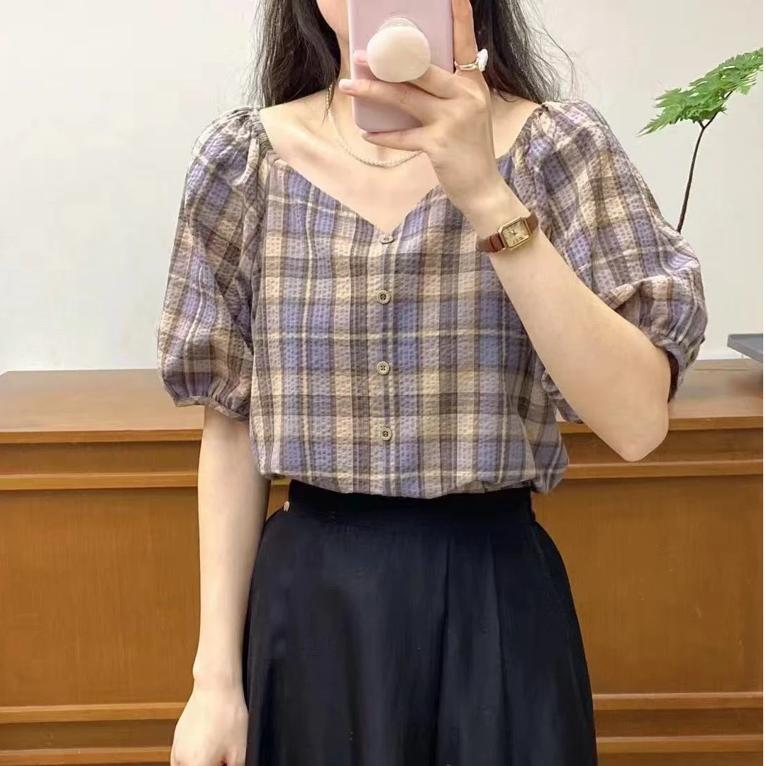 方领灯笼袖格子衬衫百搭短袖衬衣