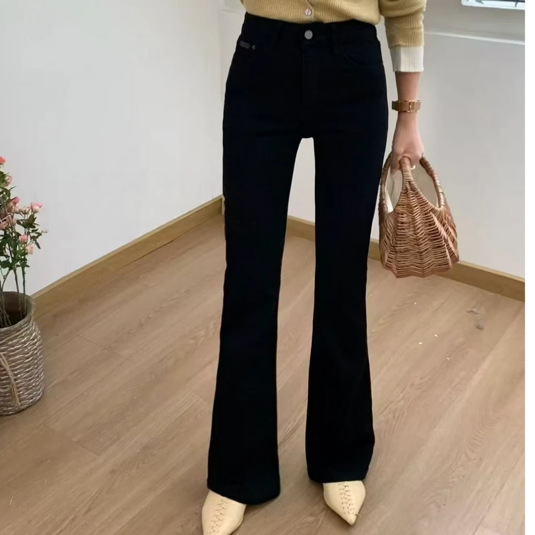 68119春季新款时尚休闲老钱风百搭显瘦女牛仔微喇裤微喇小黑裤