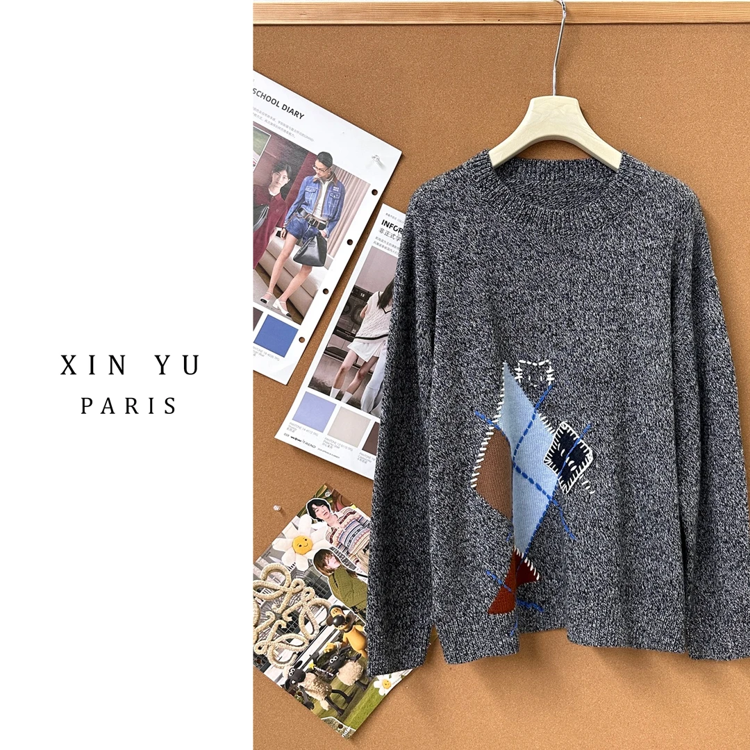 提花高领长袖秋冬慵懒刺绣女圆领常规款75MY702