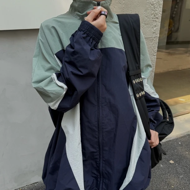 HELLOTANGO《廓形记忆》复古撞色拼接拉链立领薄款运动外套85015#