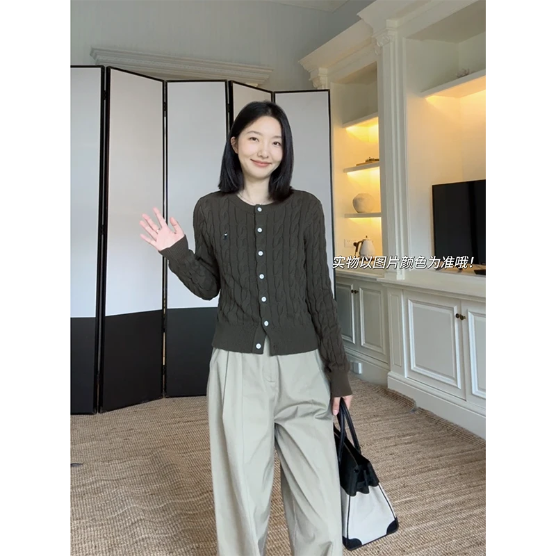 郭九九呢 100%棉绣花撞色扣子麻花毛衣开衫直筒阔腿裤 G925Z13153