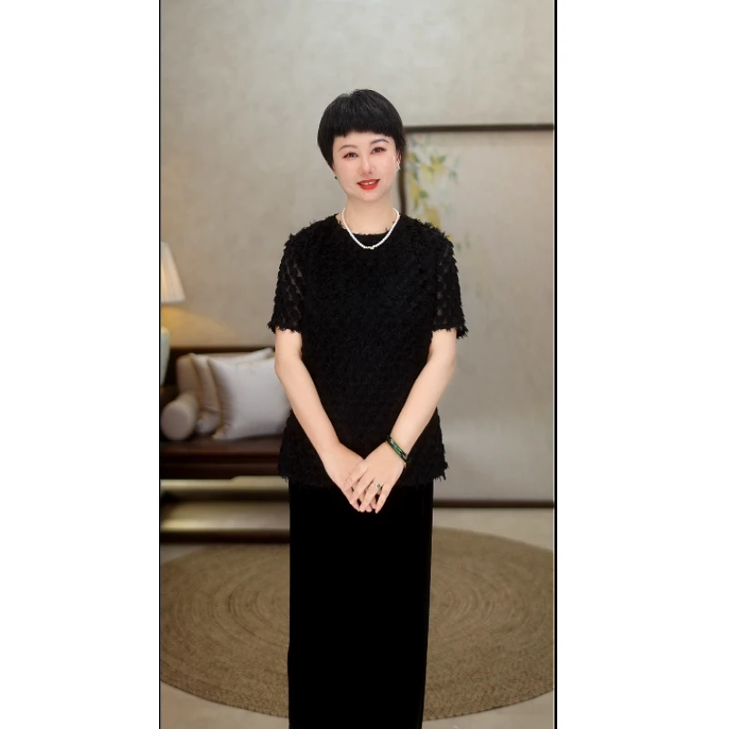 【100桑蚕丝】高奢气质2025春夏剪花圆领双层上衣A415-2